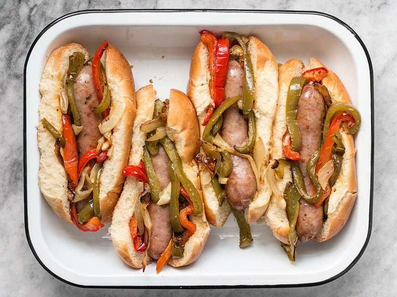 Stuff Buns with Roasted Bratwurst with Peppers and Onions