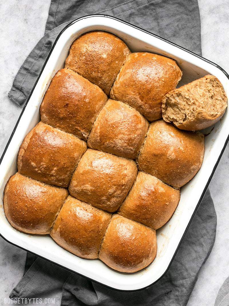 A baking dish full of Sweet Molasses Dinner Rolls 