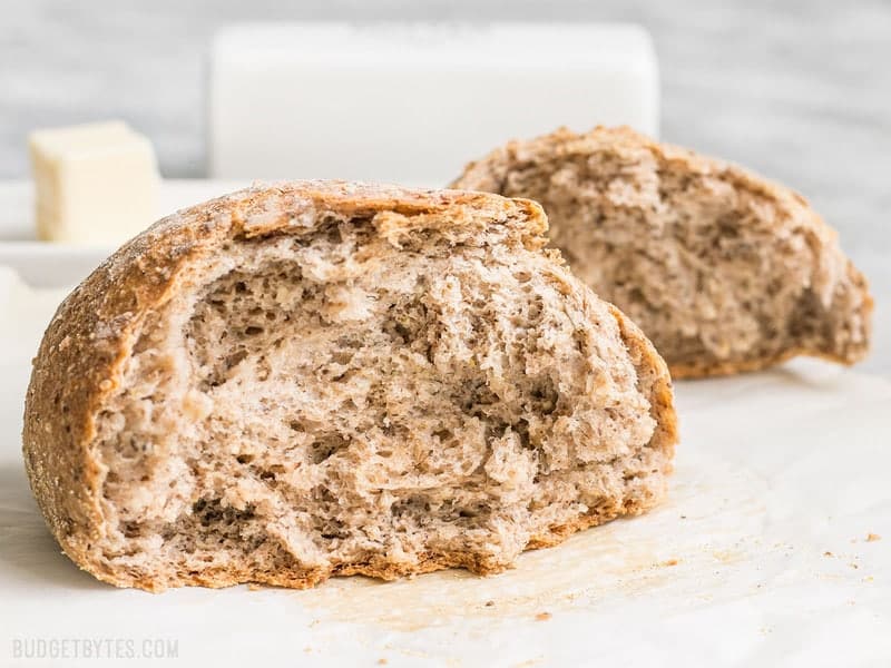 Front view of an open loaf of Seeded No-Knead Bread 