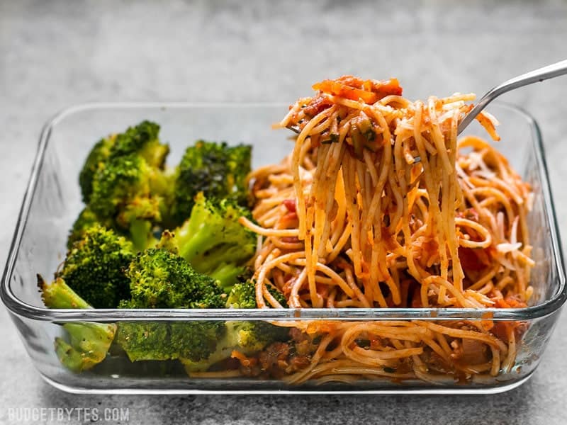 A Spaghetti Meal Prep being eaten with a fork