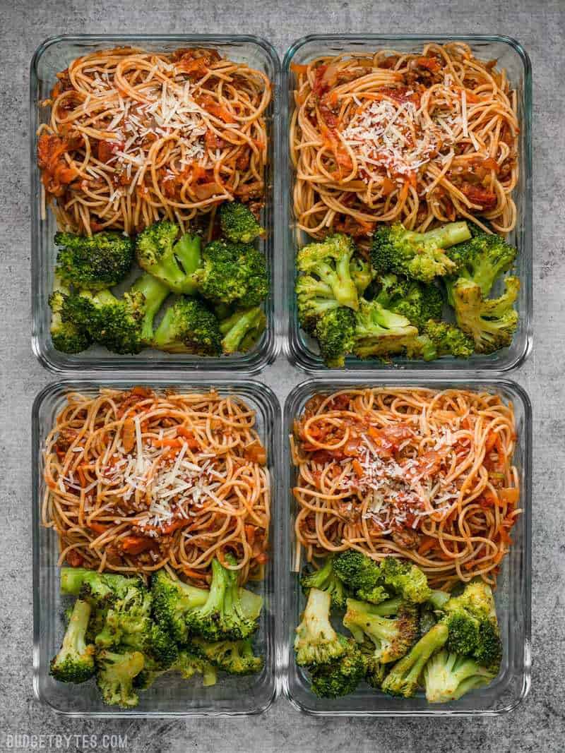 Four Spaghetti Meal Prep containers 