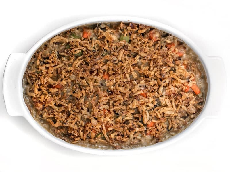 Baked Wild Rice and Vegetable Casserole with crispy onions on top