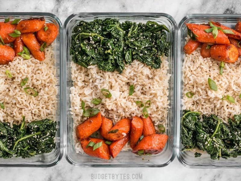 Three Maple Miso Roasted Carrot Meal prep containers in a row