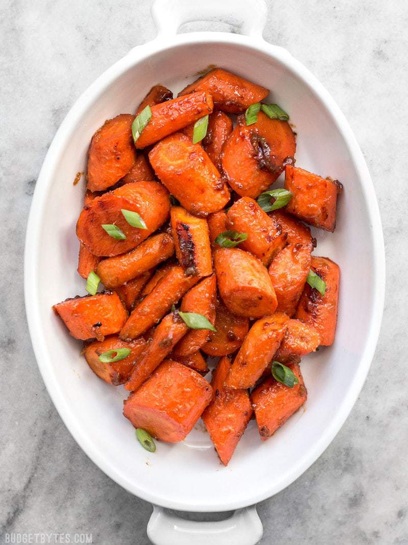 Maple Miso Roasted Carrots in a serving dish