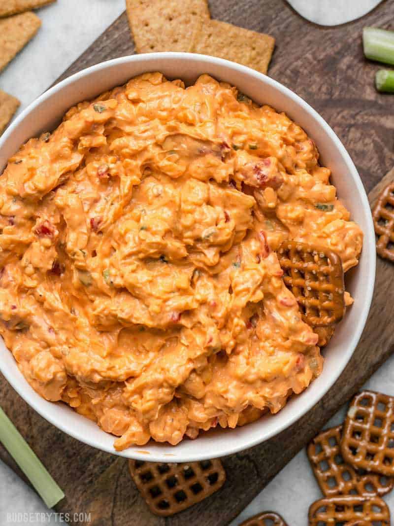 This Sriracha Pimento Cheese Spread is a rich, smoky, spicy spread with just a hint of sweetness from roasted red peppers! BudgetBytes.com