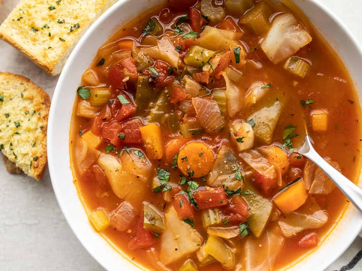 close up of a bowl of cabbage soup