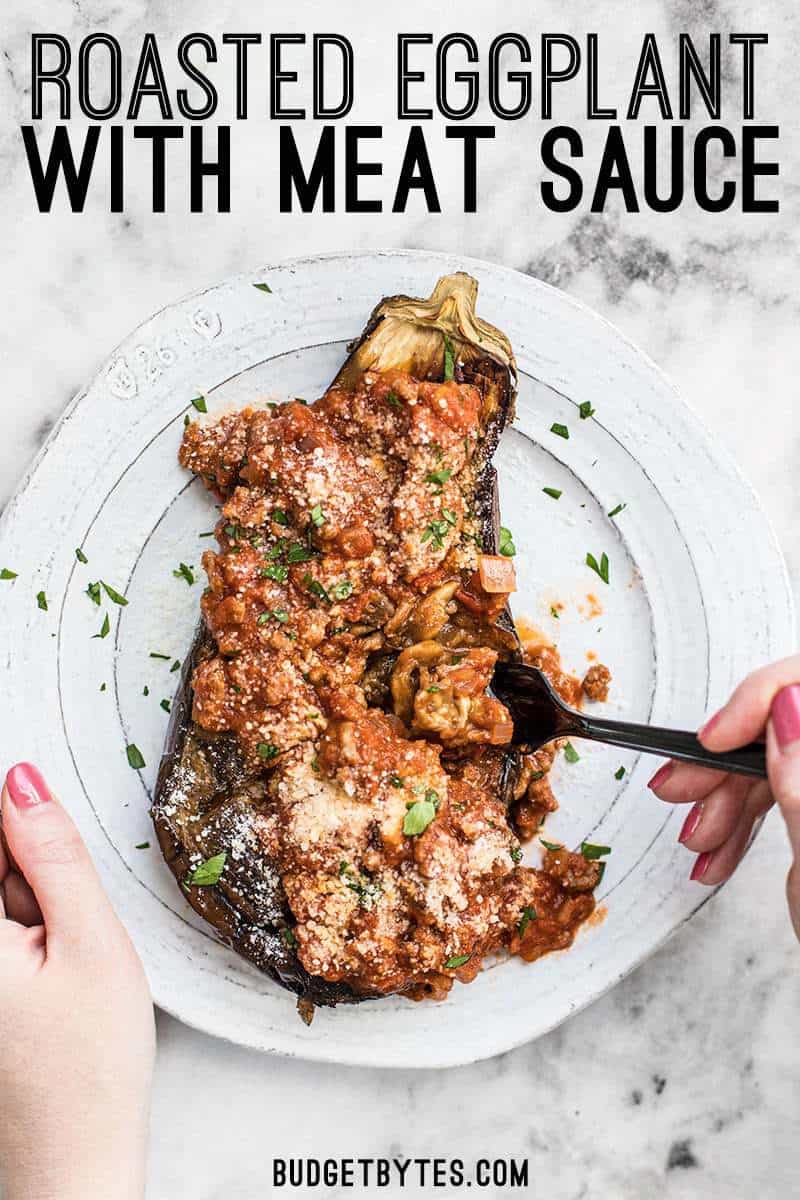 Roasted Eggplant with Meat Sauce is an elegant low carb main dish that will leave you satisfied. Pair with a simple green salad for a complete meal. BudgetBytes.com