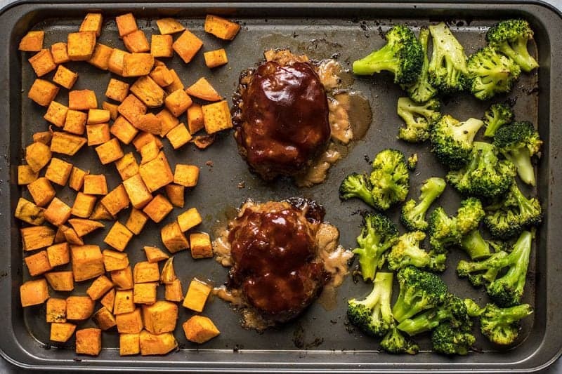 Roasted Sheet Pan BBQ Meatloaf Dinner Finished