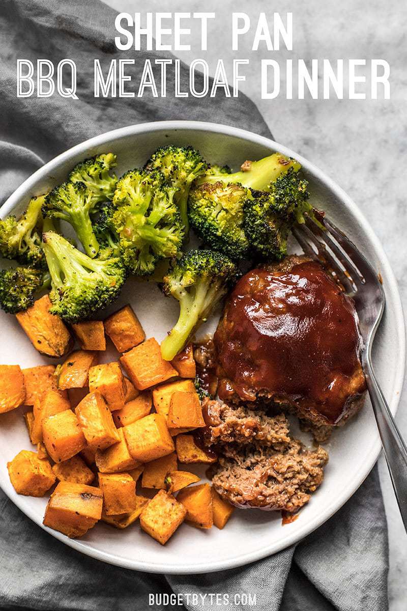 Make an entire dinner for two at one time with this fast and easy Sheet Pan BBQ Meatloaf Dinner. Perfect for meal prep! BudgetBytes.com