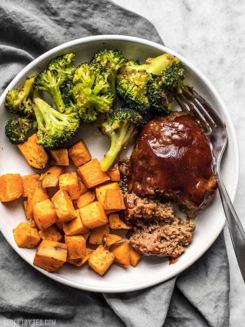 Sheet Pan BBQ Meatloaf Dinner plated up and ready to serve