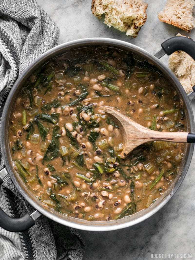 Big pot of warm and comforting Slow Simmered Black Eyed Peas with Greens