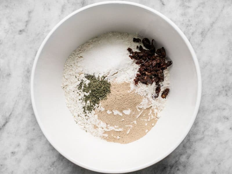 Dry Ingredients for Tomato Basil No Knead Bread