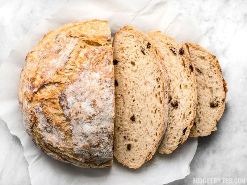 Overhead view of sliced Tomato Basil No Knead Bread