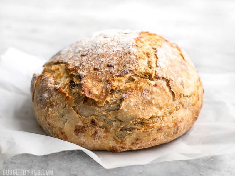 Side view of freshly baked Tomato Basil No Knead Bread 