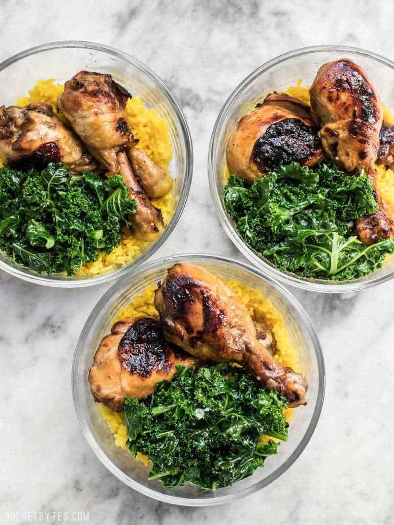 Three round glass Chicken Adobo Meal Prep containers