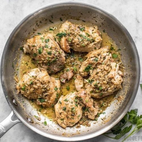 A quick and buttery herb pan sauce transforms these simple chicken thighs into decadent Herb Butter Chicken Thighs. BudgetBytes.com