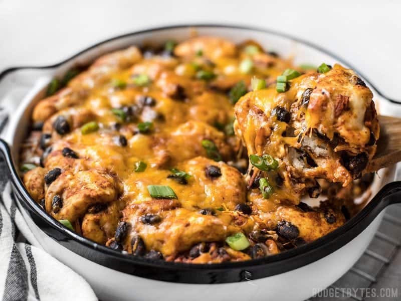 Front view of Enchilada Bubble Up Casserole in the casserole dish