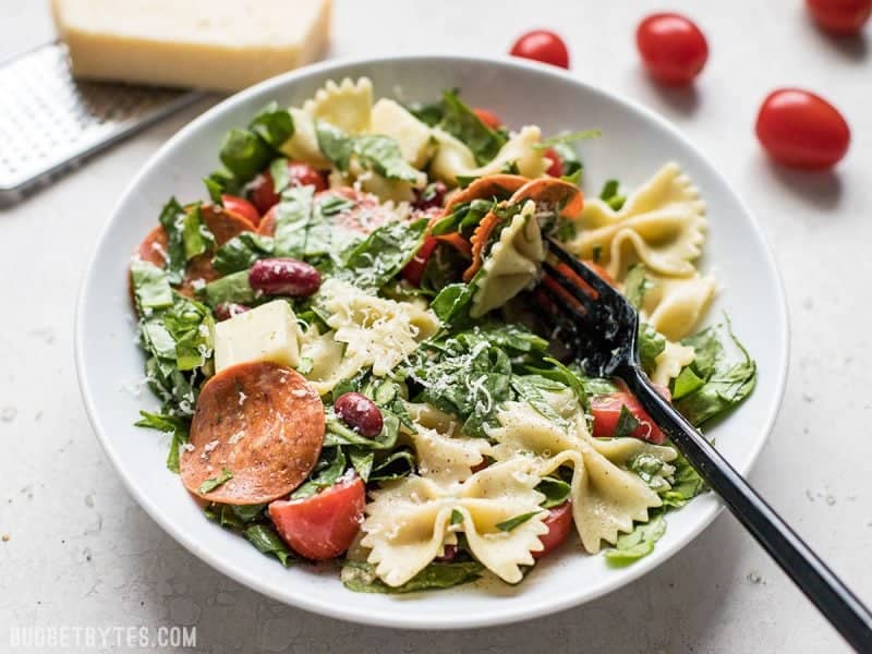 Front view of Pepperoni Pasta Salad in a bowl with a fork