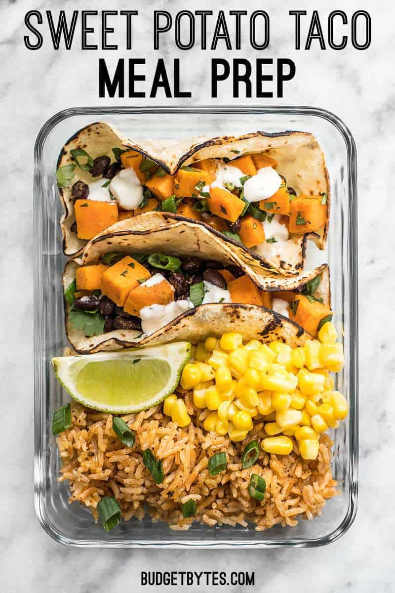 This simple Sweet Potato Taco Meal Prep box is easy, vegetarian, and a full flavored make ahead lunch. BudgetBytes.com