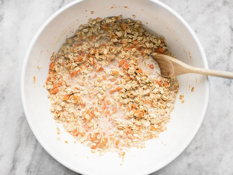 Whisk in Milk Oats Walnuts and Raisins