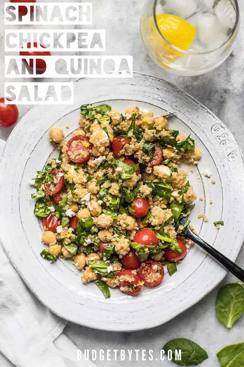 This Spinach Chickpea and Quinoa Salad is an awesome base to build meals throughout the week and it holds up extremely well in the fridge, so you can eat better with less effort. BudgetBytes.com