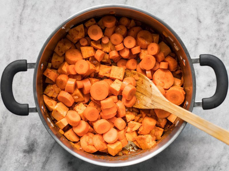 Add Chopped Carrots and Sweet Potatoes