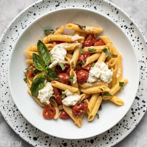 It only takes a few fresh ingredients make this Fresh Tomato Basil Pasta with Ricotta, the perfect light lunch or dinner for summer! BudgetBytes.com