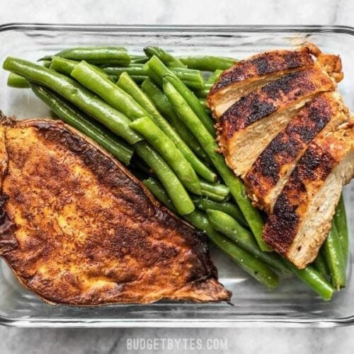 Smoky Chicken and Cinnamon Roasted Sweet Potato Meal Prep is an easy, delicious, filling, and healthy daily lunch or dinner. BudgetBytes.com