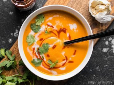 You only need a few ingredients to make this light and satisfying Thai Coconut Curry Carrot Soup. It’s a creamy, a little sweet, a little spicy, and a lot of delicious. BudgetBytes.com