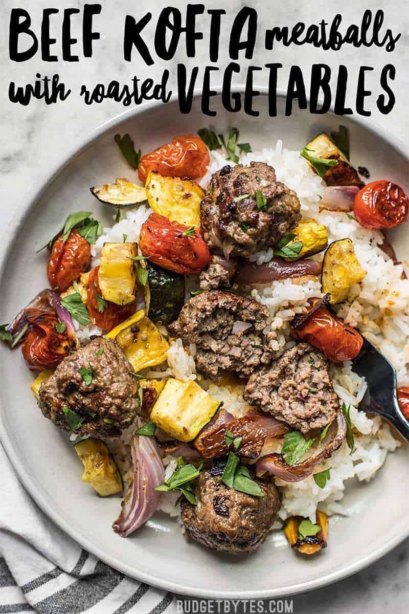 Beef Kofta Meatballs with Roasted Vegetables are the perfect well-rounded easy dinner or meal prep to keep you fed and happy throughout the week. BudgetBytes.com