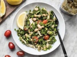 This Make Ahead Kale White Bean and Pesto Salad keeps your fridge stocked with good for you food that you can customize each day for a new meal. Budgetbytes.com