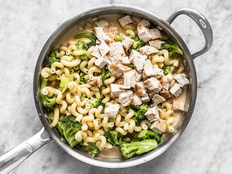 Add Cooked Pasta, Broccoli, and Chicken back to sauce