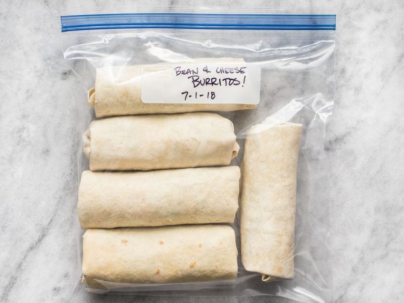 Bean and Cheese Burritos in freezer bag, labeled and dated