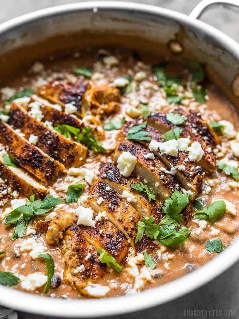 Side view of creamy salsa chicken skillet