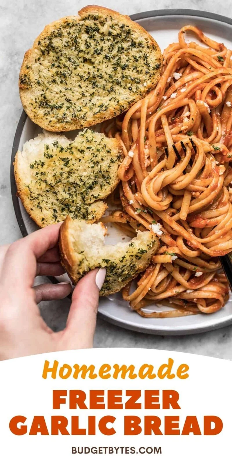 Slices of garlic bread on a plate of pasta, title text at the bottom