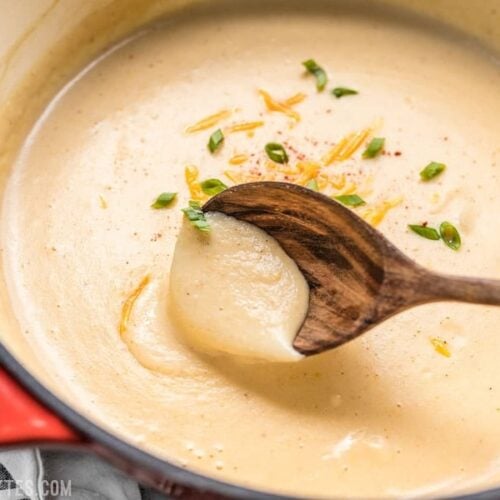 Cheesy Cauliflower and Potato Soup is rich and creamy without being overly heavy. Eat your vegetables and enjoy them, too! Budgetbytes.com