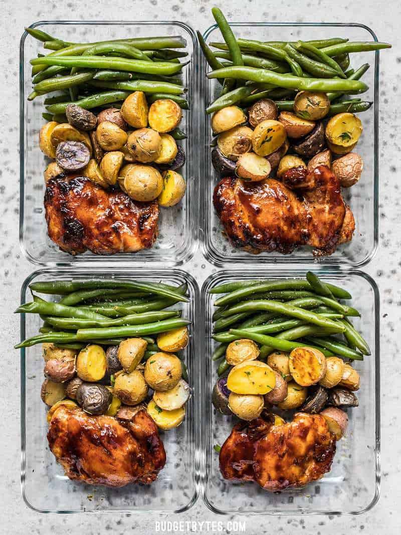 Four glass Glazed Chicken Meal Prep arranged in a rectangle