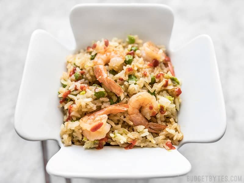 Rice Cooker Teriyaki Shrimp and Rice in a white ceramic take out container.