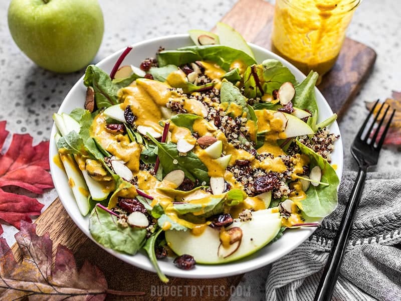 Front view of Autumn Quinoa Salad with Lemon Turmeric Dressing