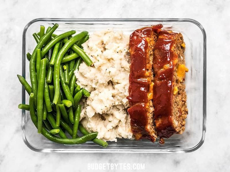 One single Cheeseburger Meatloaf Meal Prep box