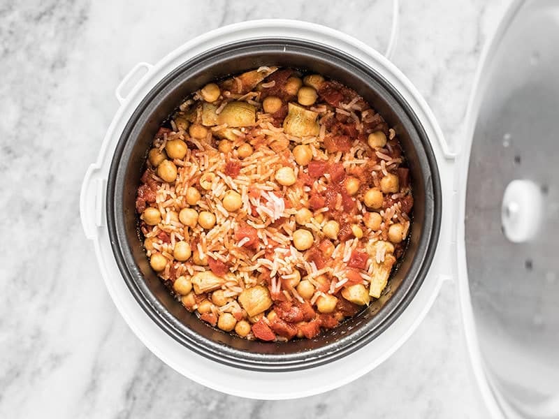 Finished Rice Cooker Spanish Chickpeas and Rice