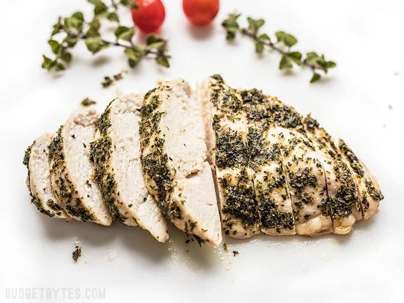 Garlic Herb Baked Chicken Breast sliced and ready to serve