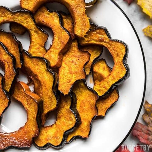 Close up of caramelized Smoky Maple Roasted Acorn Squash