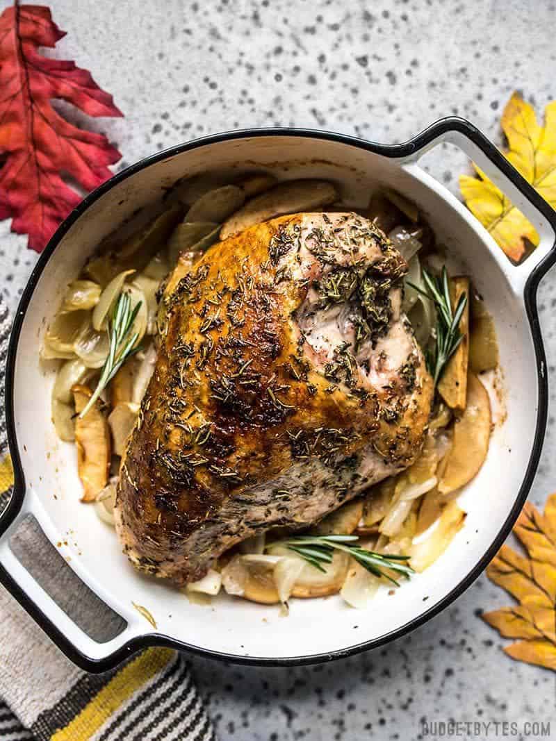 Herb-Infused Cider Roasted Turkey Breast with apples and onions, just out of the oven.