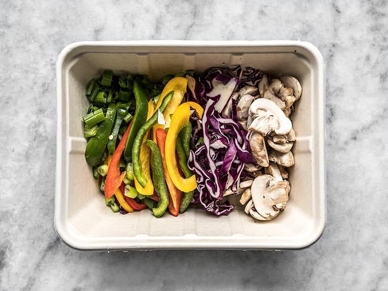 Salad Bar Vegetables in a cardboard salad bar container