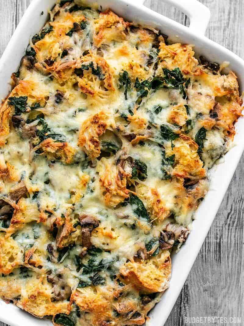 A full pan of freshly baked Kale Swish and Mushroom Strata.