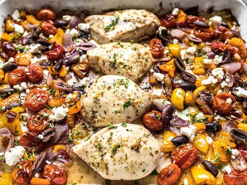 Front view of Sheet pan Greek Chicken and Vegetables