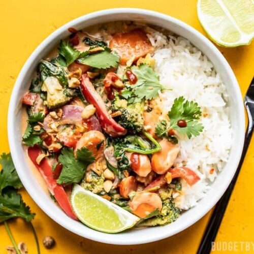 A bowl of Spicy Coconut Vegetable Stir Fry ready to be eaten.