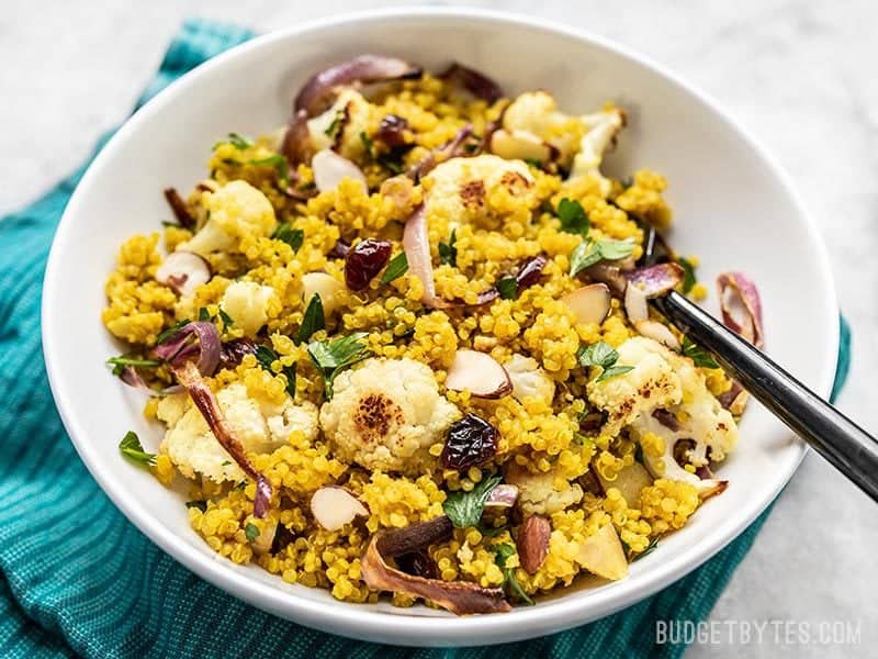 Front view of the bowl of Roasted Cauliflower and Quinoa Salad