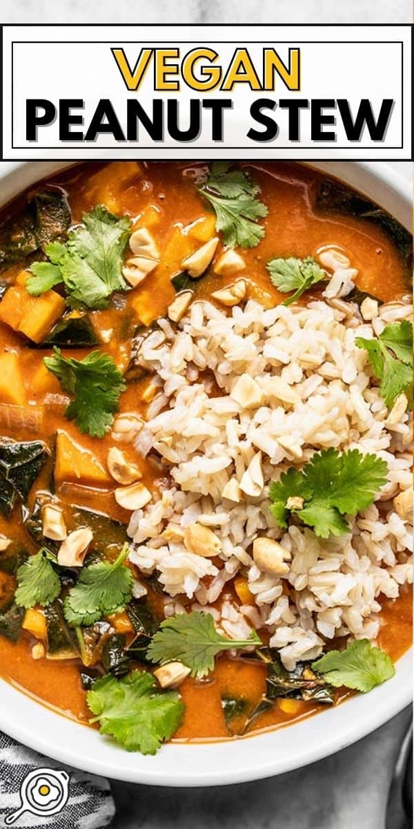 close up overhead view of a bowl of peanut stew with rice.